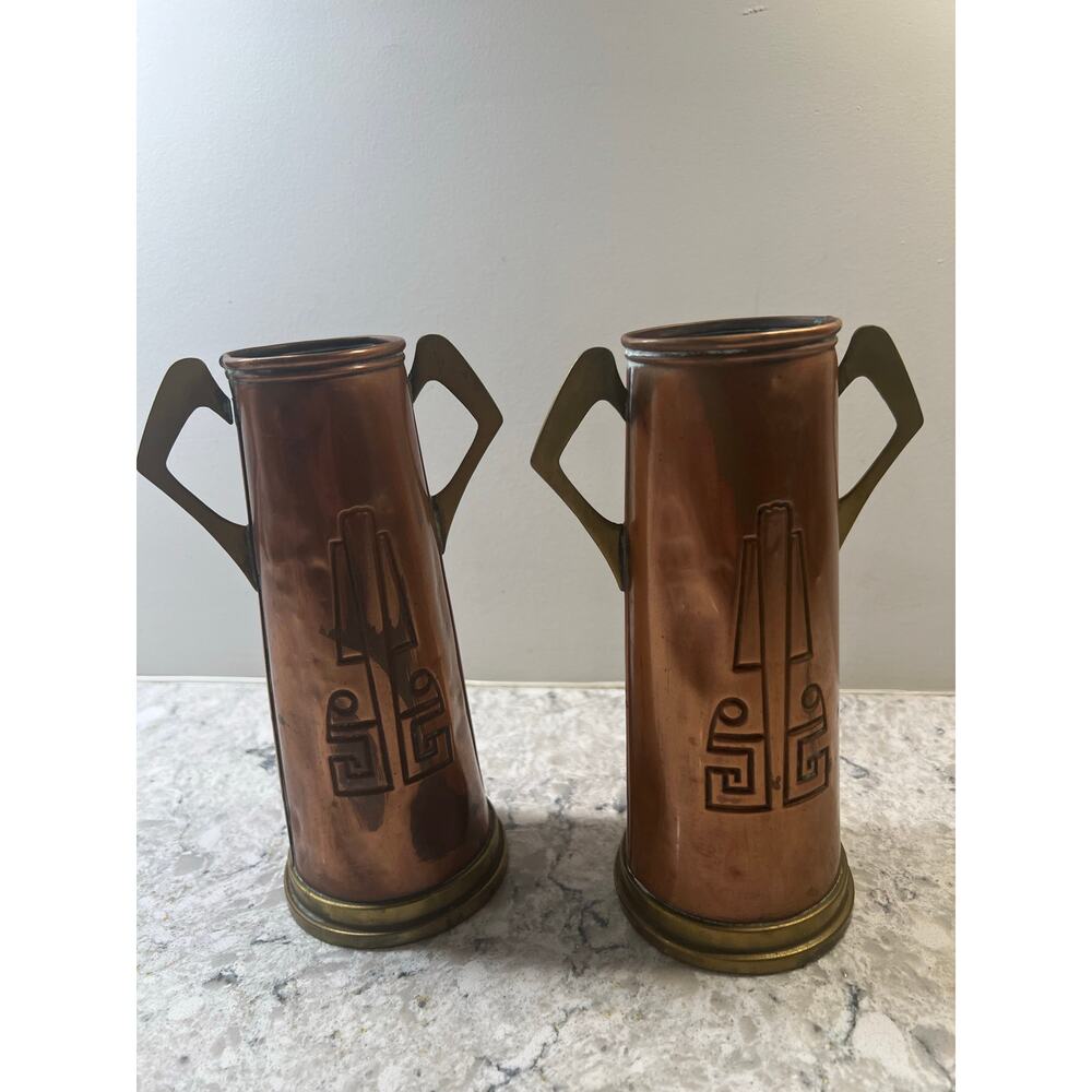 2 Gebrüder Bing Nuremberg Vases Circa 1900-10 Brass Copper Geometric JL - Picture 4 of 11